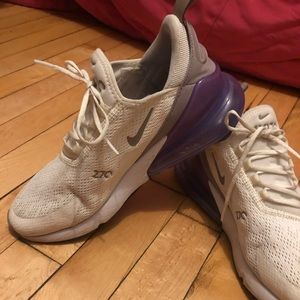 Purple and white Nike 270s